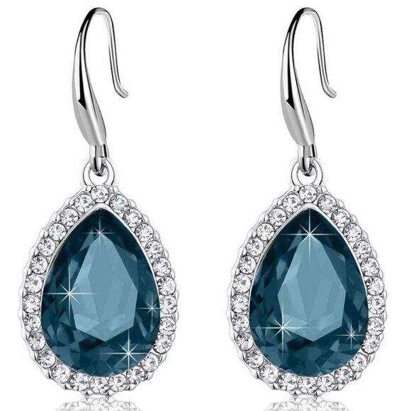 14K White Gold with London Blue Topaz Austrian Crystal Teardrop Halo Earrings